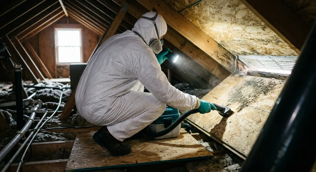Technician removing mold from attic roof sheathing in Coolidge, AZ