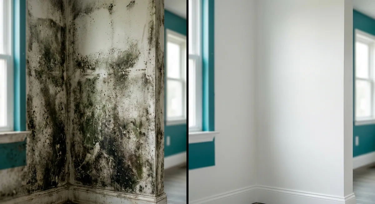 Before and after mold removal on an interior wall in Phoenix, AZ