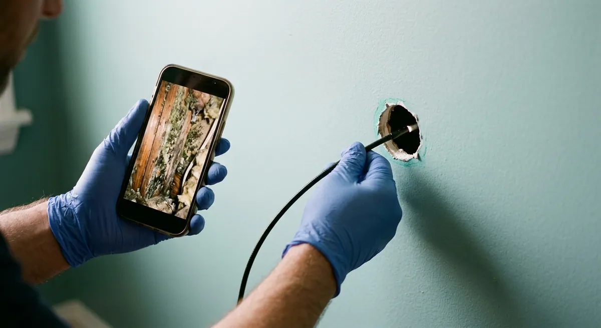 Borescope camera inspecting mold inside a wall cavity in Vail, AZ