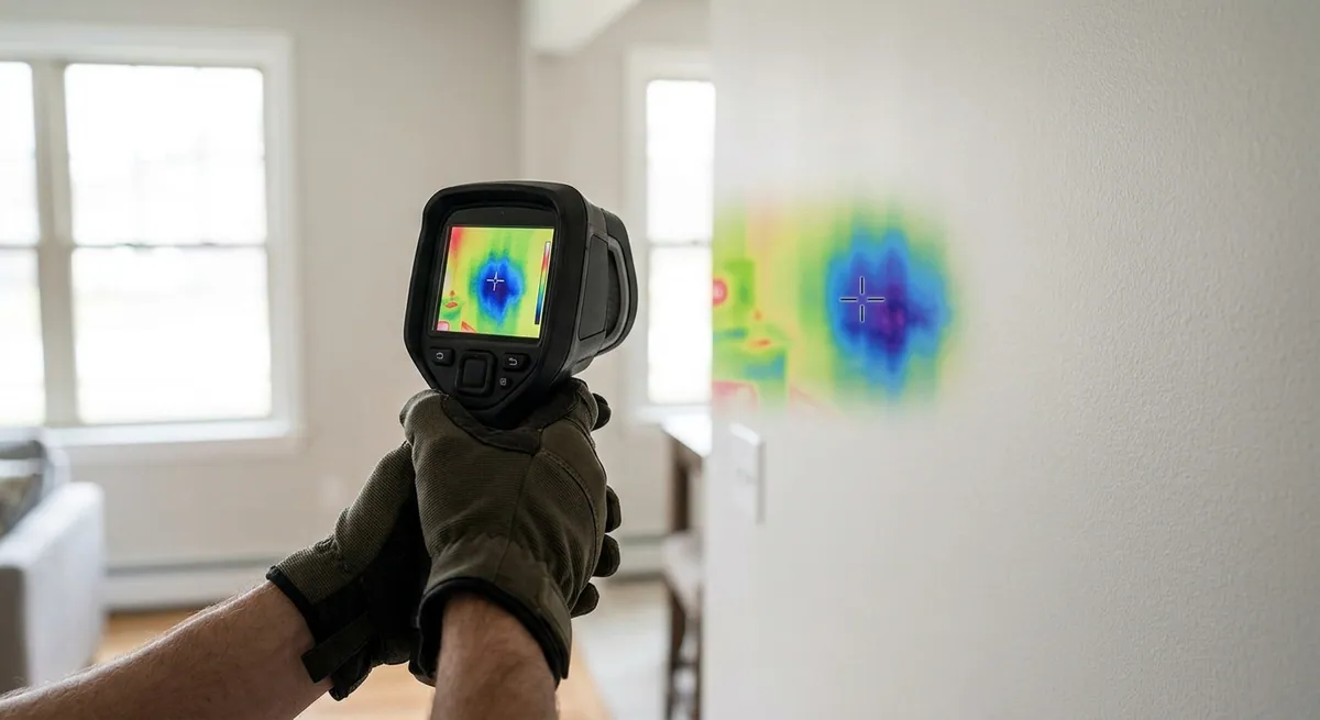 Thermal imaging camera showing a moisture patch on a wall during a mold inspection in Apache Junction, AZ