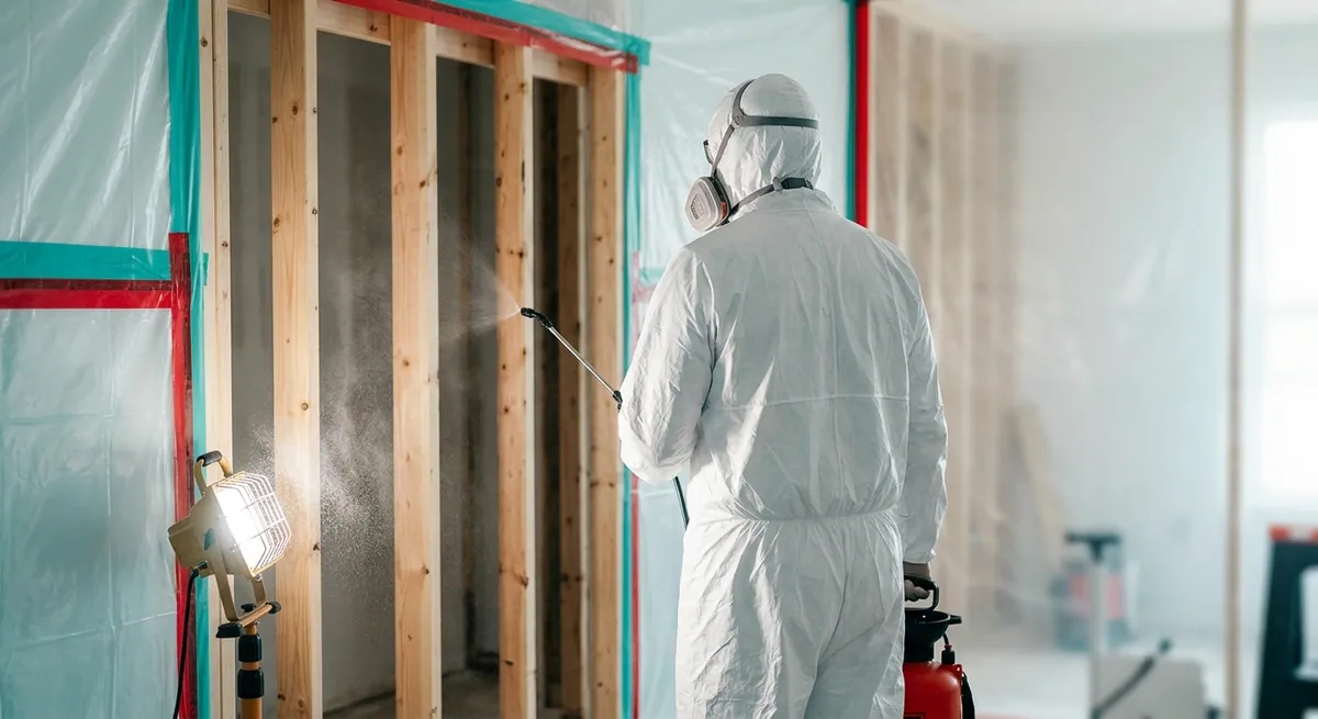 Technician applying antimicrobial treatment after mold removal in Bapchule, AZ