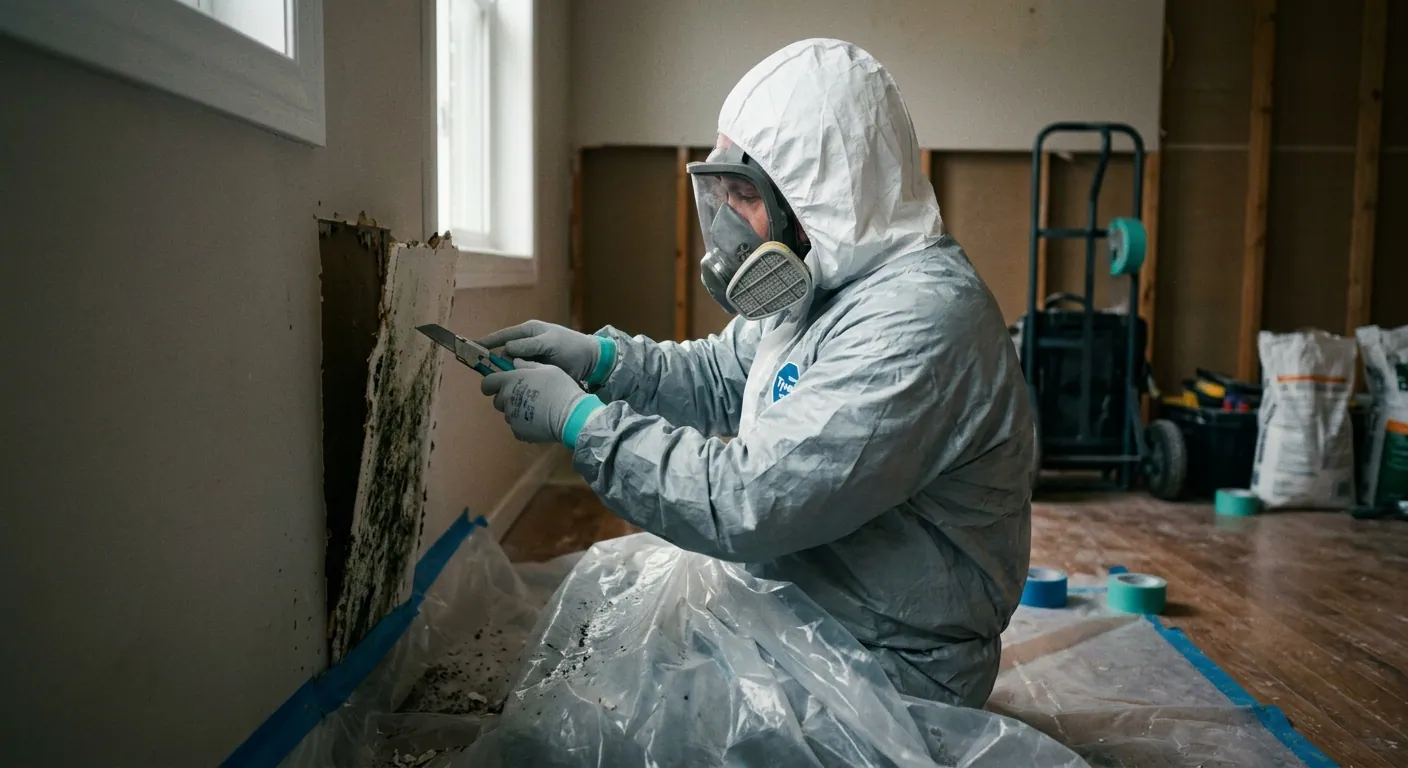 Technician cutting out mold-damaged drywall during mold remediation in Bapchule, AZ