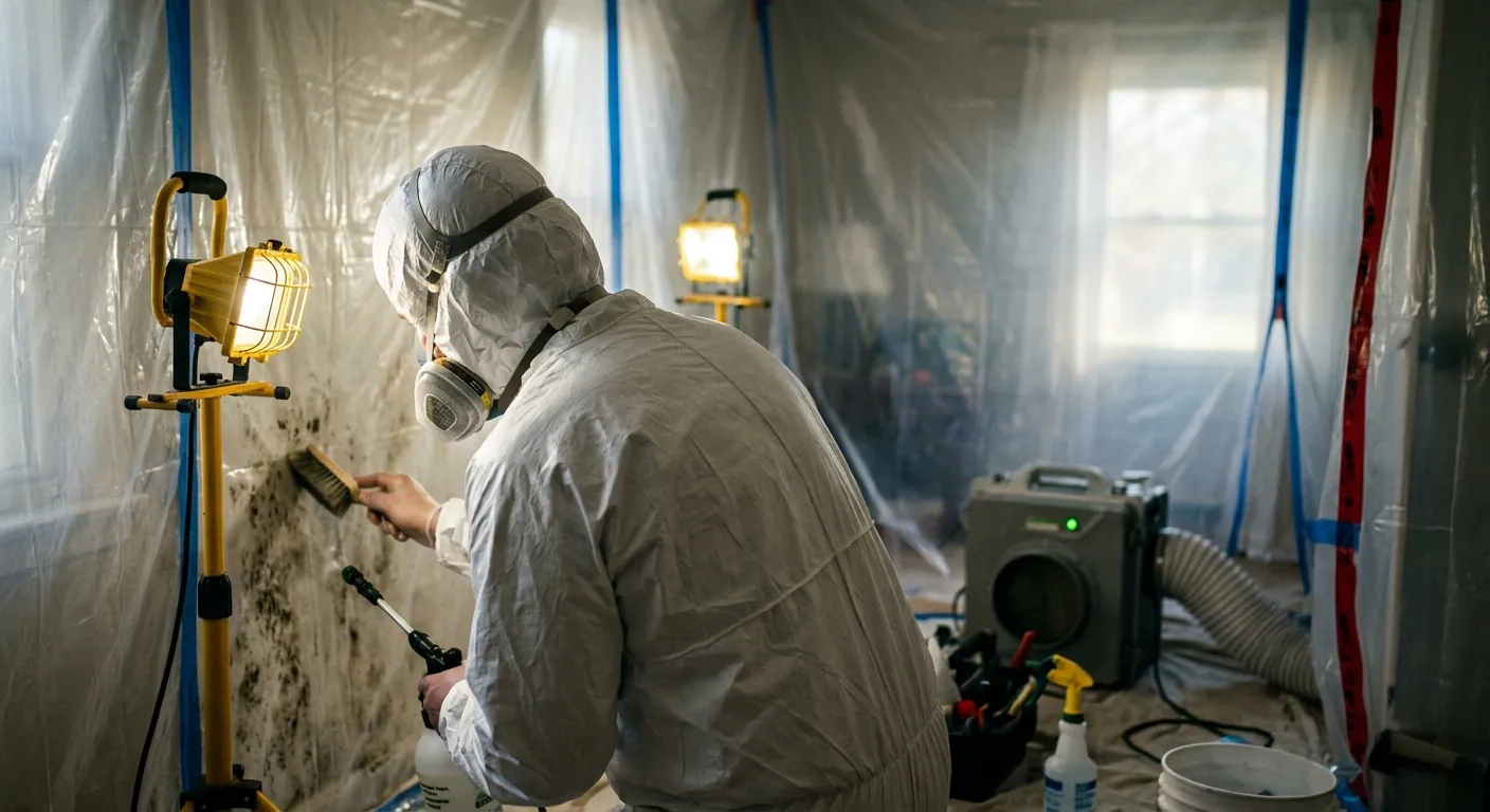 Mold removal technician in protective suit inside a sealed containment area