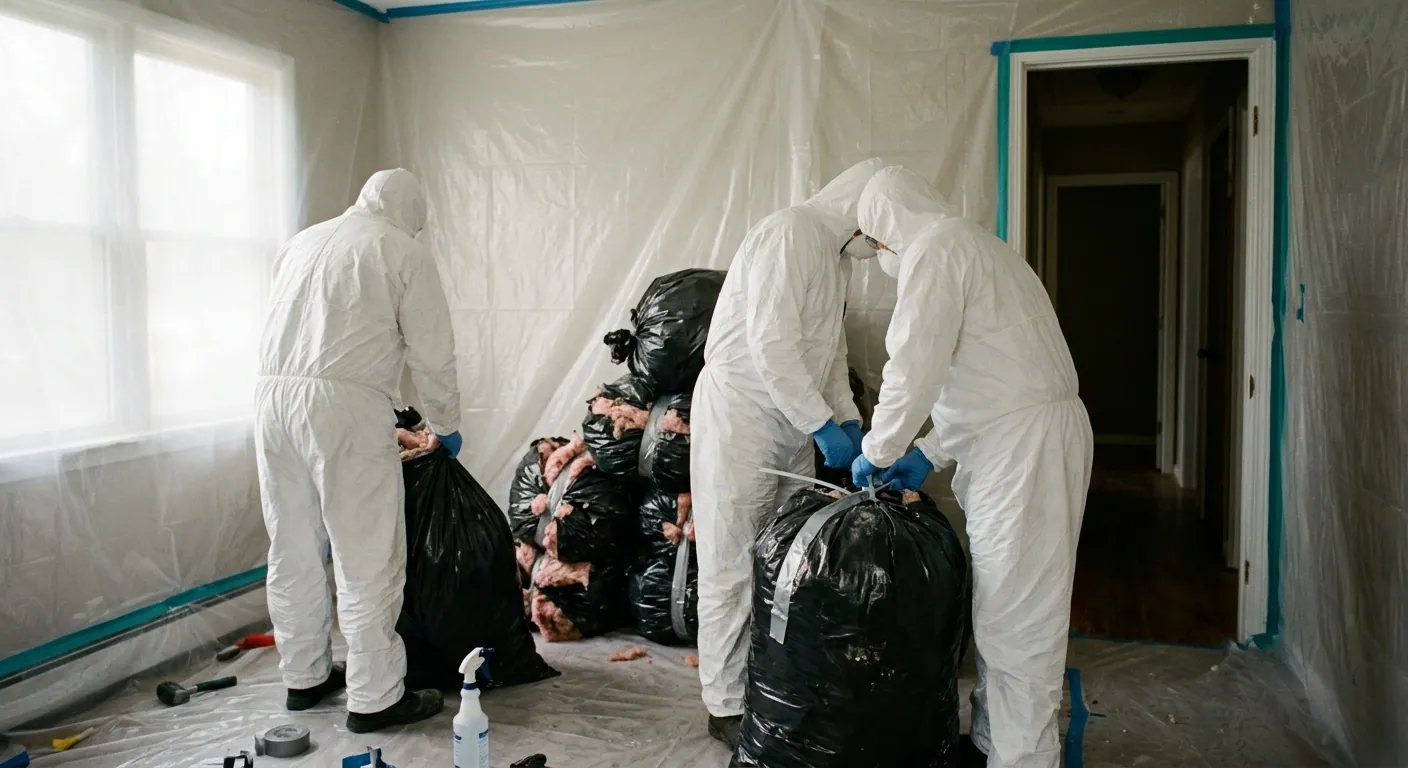 Mold removal crew bagging contaminated drywall and insulation in Apache Junction, AZ