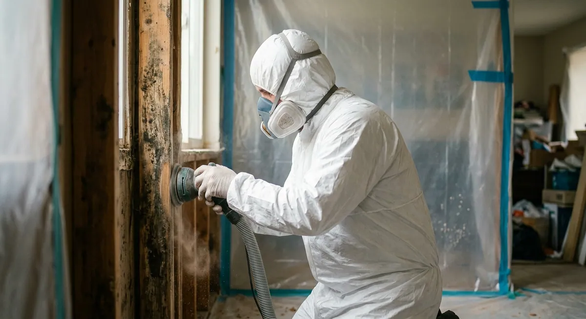 Technician removing mold from wood studs with HEPA vacuum sanding in Arivaca, AZ